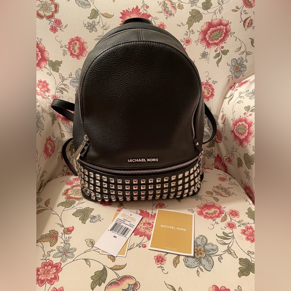 Michael Kors Black Leather + Silver RHEA ZIP Stud Backpack. EXCELLENT CONDITION!